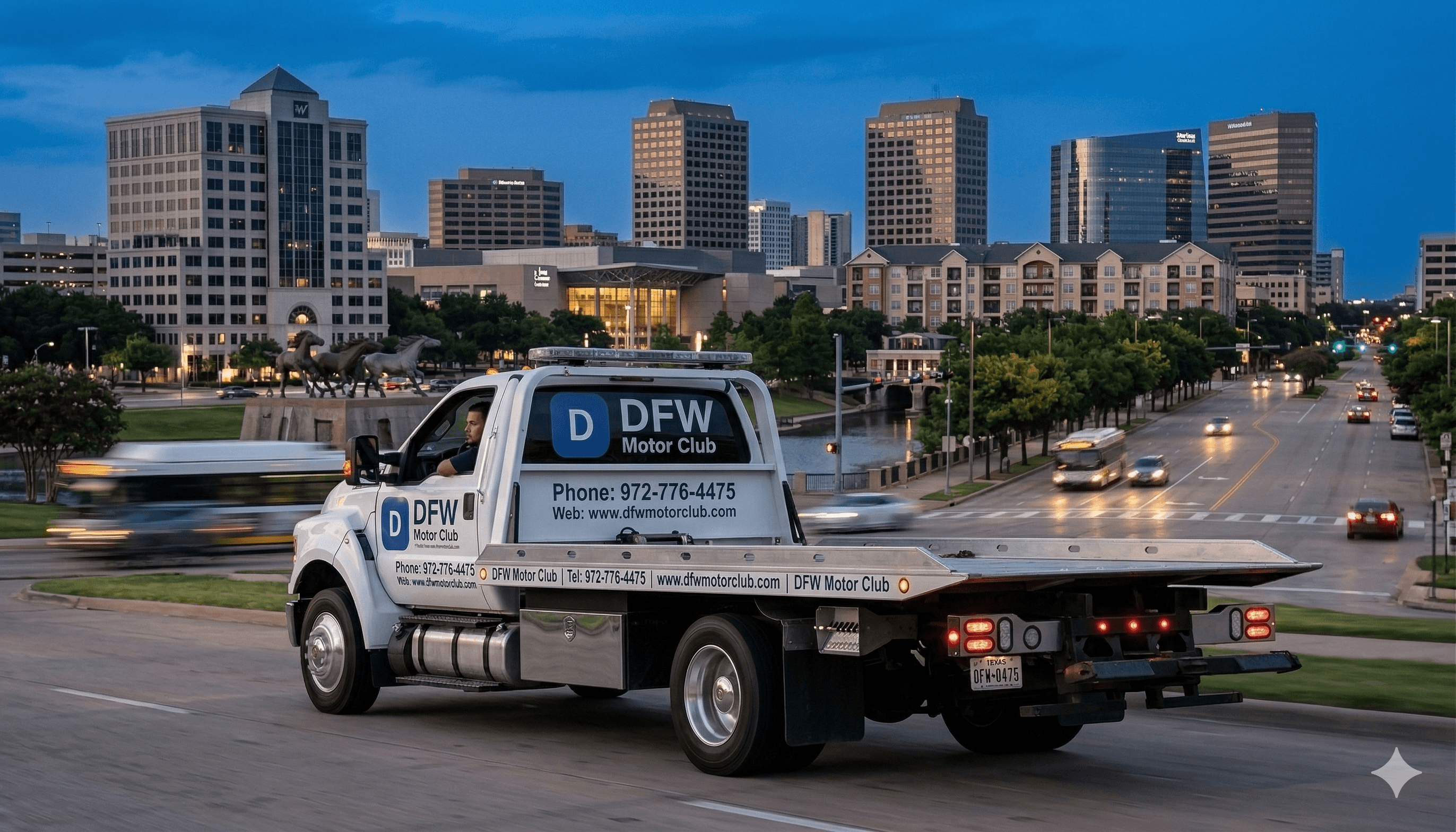 DFW Motor Club flatbed tow truck driving through Irving, Texas with Las Colinas skyline
